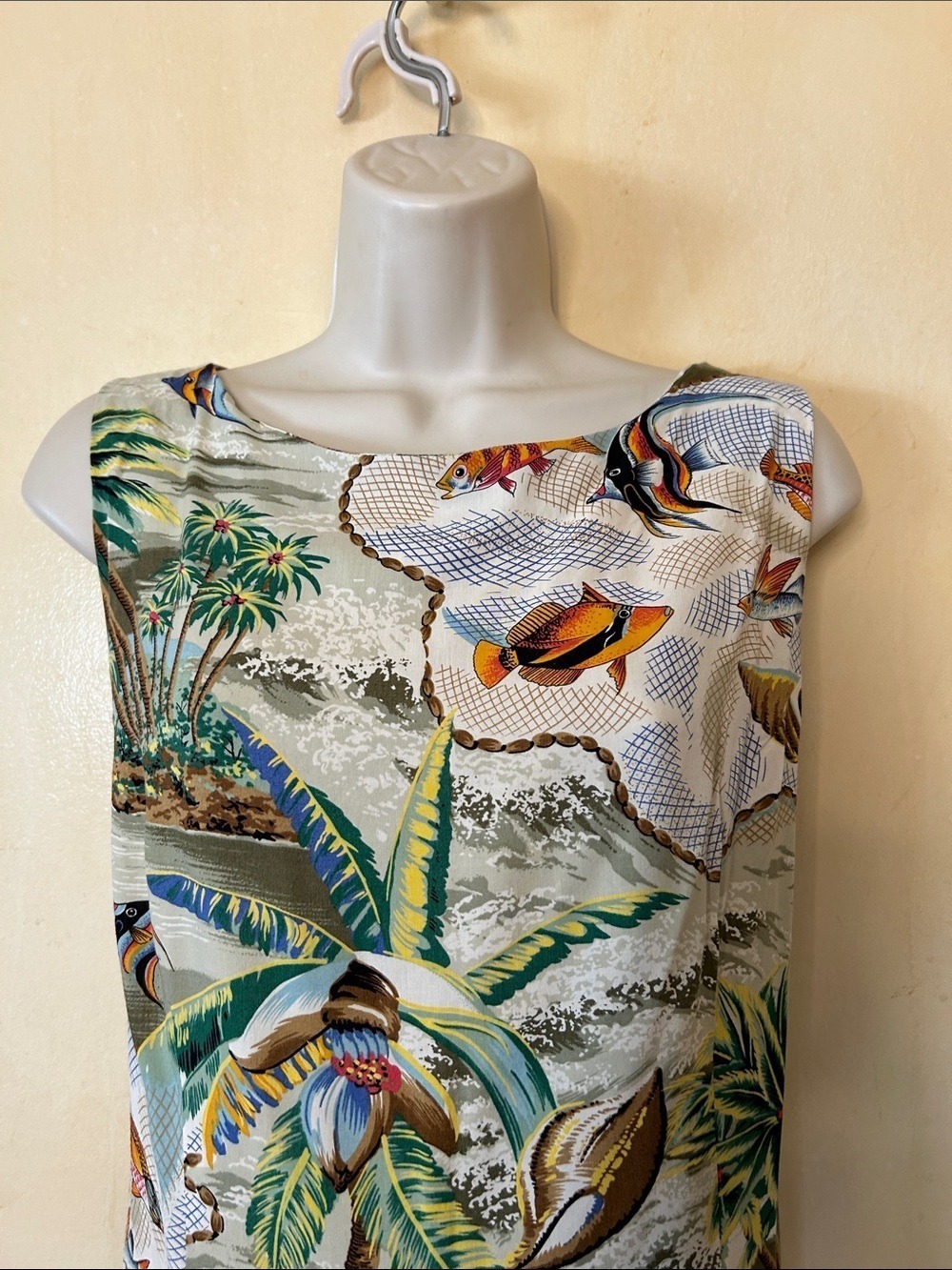 reyn spooner Tropical Palm & Fish Midi Dress - Green, Blue, Brown 100% Rayon M - Picture 3 of 11